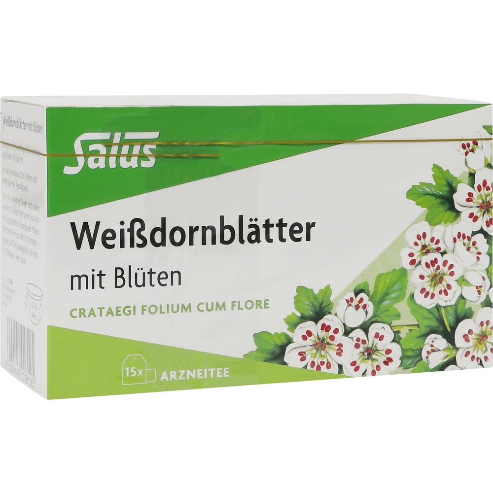 Eine Teepackung mit Weißdornblättern und Blüten auf grünem Hintergrund.