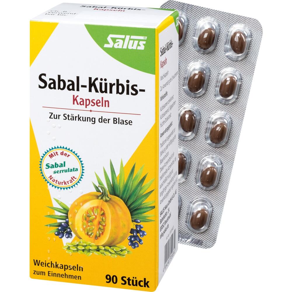 Eine Packung und Blister mit Sabal-Kürbis-Kapseln zur Unterstützung der Blase.