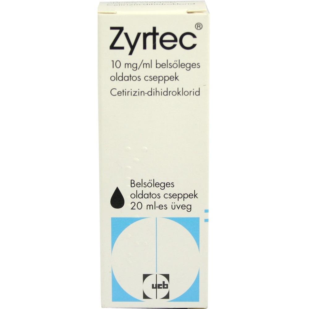 Packung Zyrtec-Tropfen mit 10 mg/ml Cetirizindihydrochlorid.
