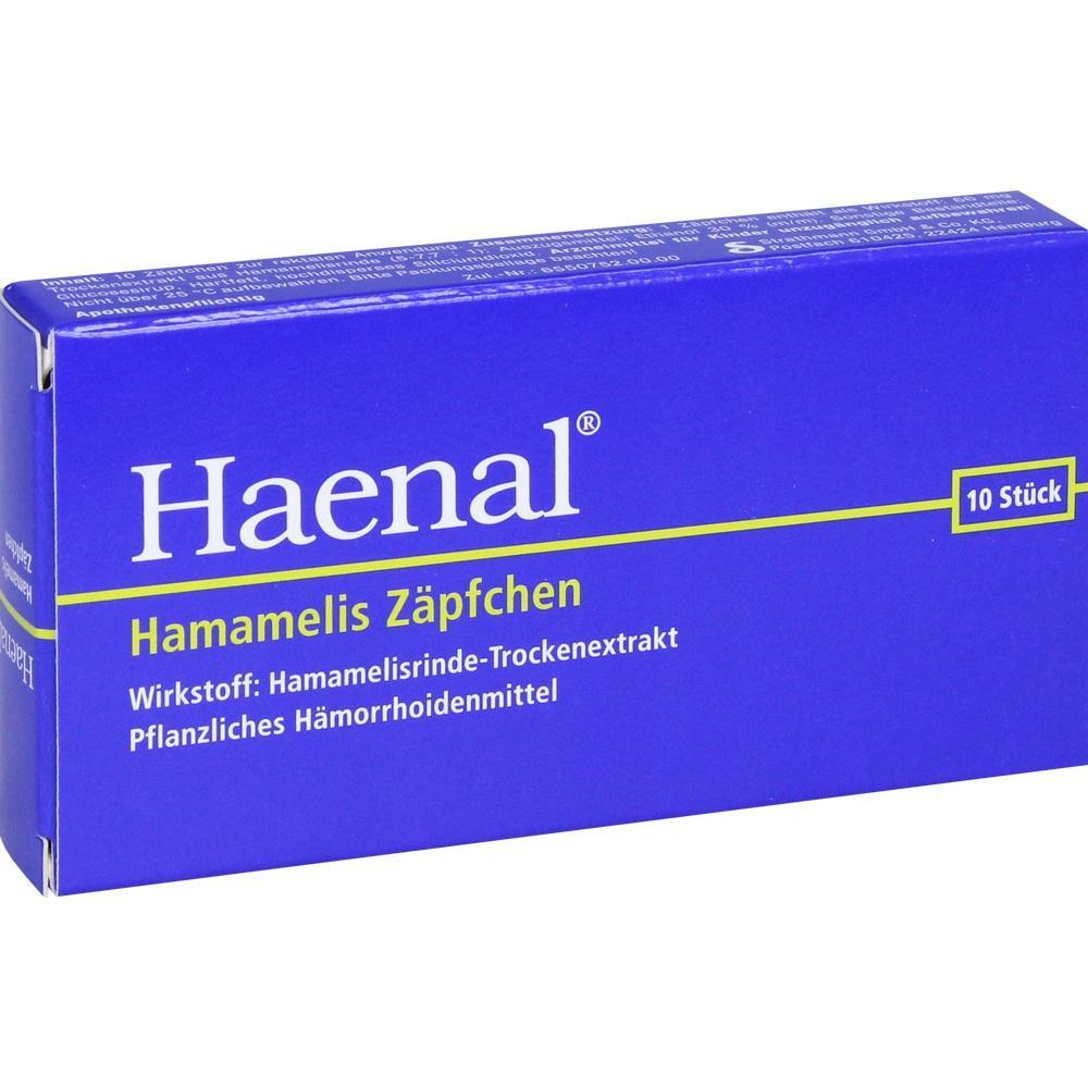 Eine blaue Schachtel mit der Aufschrift "Haenal Hamamelis Z&auml;pfchen".