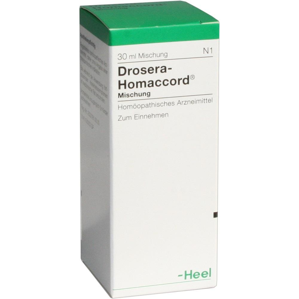 Weiße Verpackung eines homöopathischen Arzneimittels namens Drosera-Homaccord.