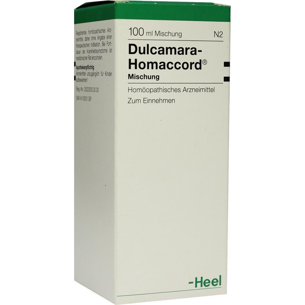 Eine weiße Verpackung eines homöopathischen Medikaments namens Dulcamara-Homaccord.
