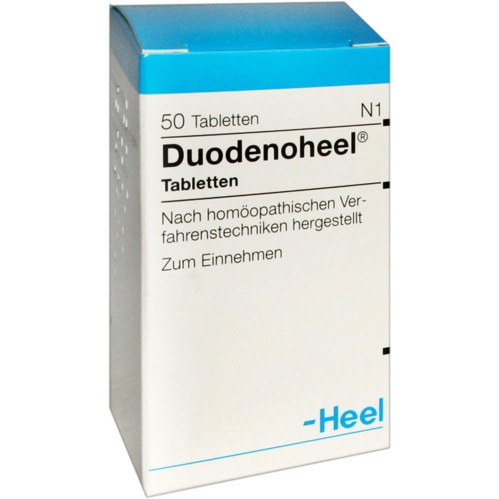 Eine weiße Medikamentenschachtel für homöopathische Tabletten namens Duodenoheel.