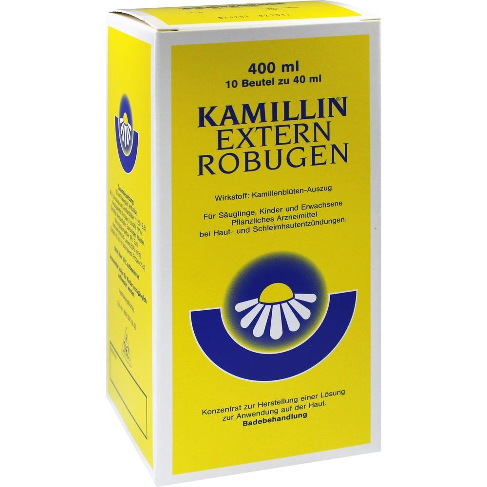 Gelbe Verpackung eines pflanzlichen Medikaments mit blauem Kamillenblüten-Logo.