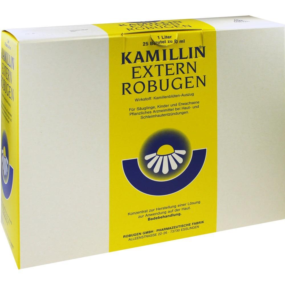 Gelbe Verpackung von Kamillin Extern Robugen mit einem blauen Logo.