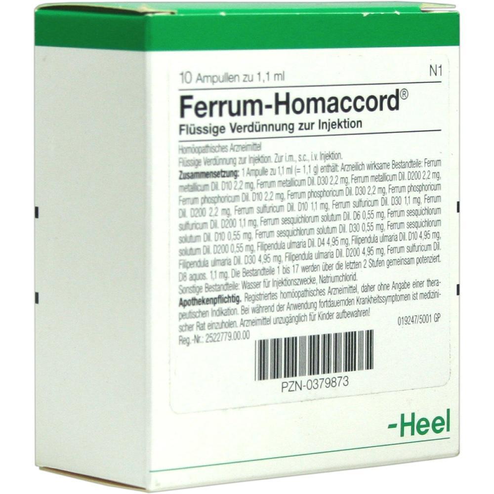 Eine Packung mit 10 Injektionsampullen des homöopathischen Mittels Ferrum-Homaccord.