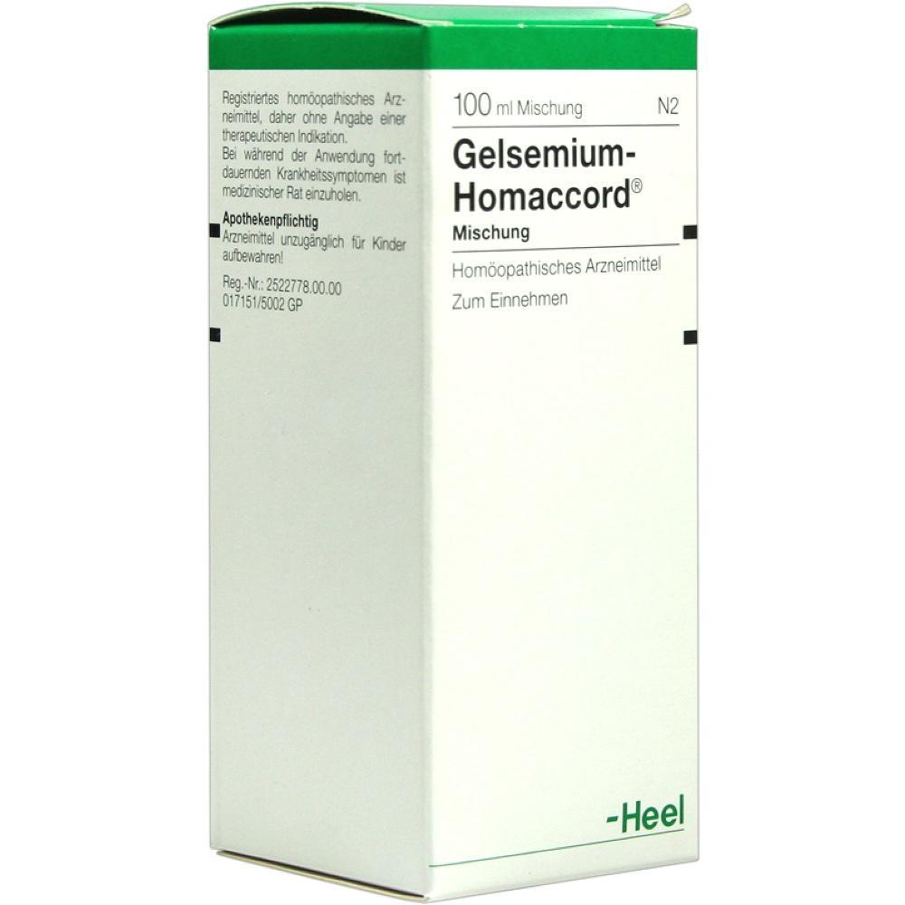 Eine Verpackung von homöopathischem Arzneimittel namens Gelsemium-Homaccord.