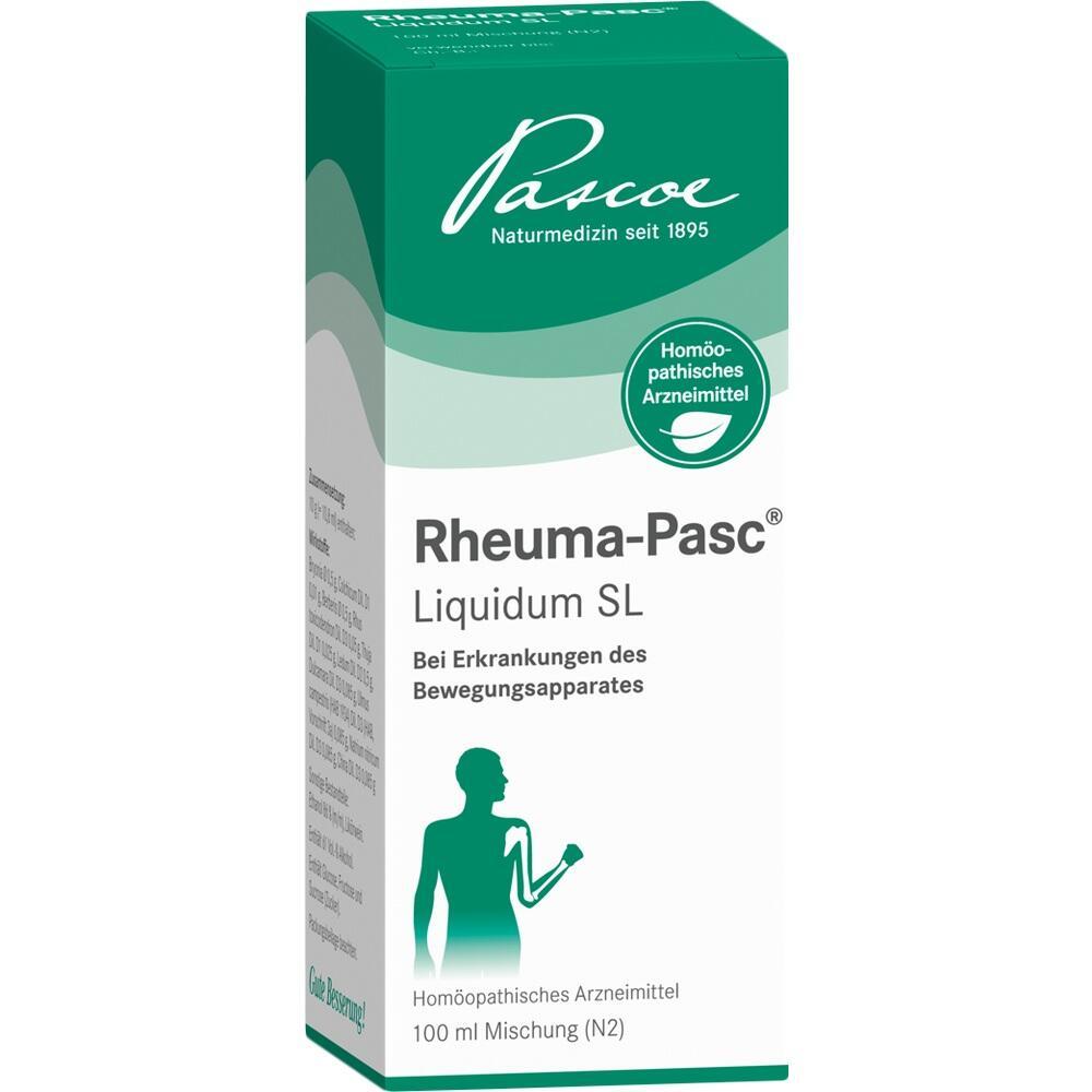 Verpackung von Rheuma-Pasc Liquidum SL, einem homöopathischen Mittel bei Gelenkerkrankungen.