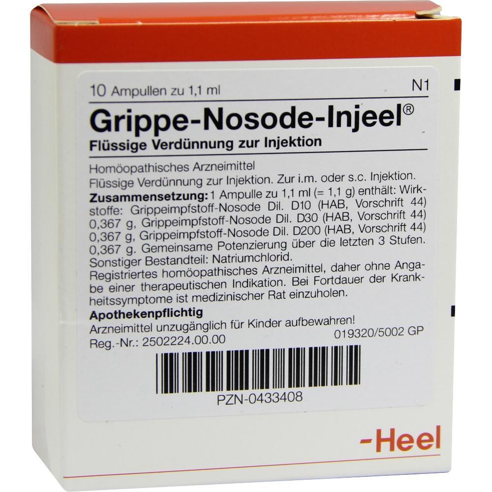 Verpackung von homöopathischem Grippe-Nosode-Injektion mit Dosierungshinweisen.