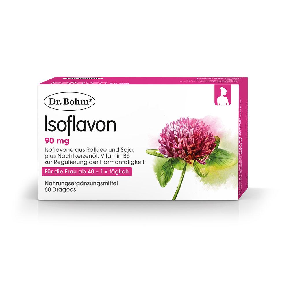 Packung eines Nahrungsergänzungsmittels mit Rotklee-Motiv.