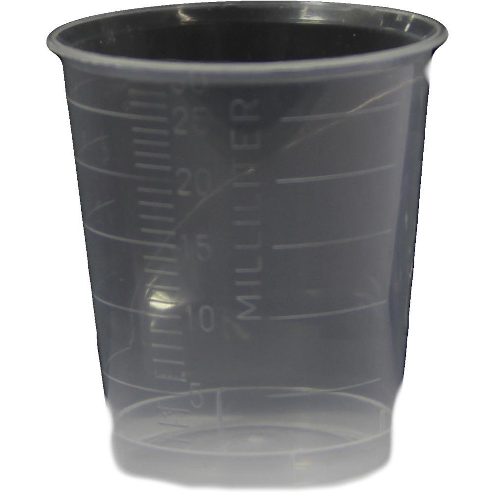 Ein kleiner, transparenter Messbecher mit Milliliter-Skala.