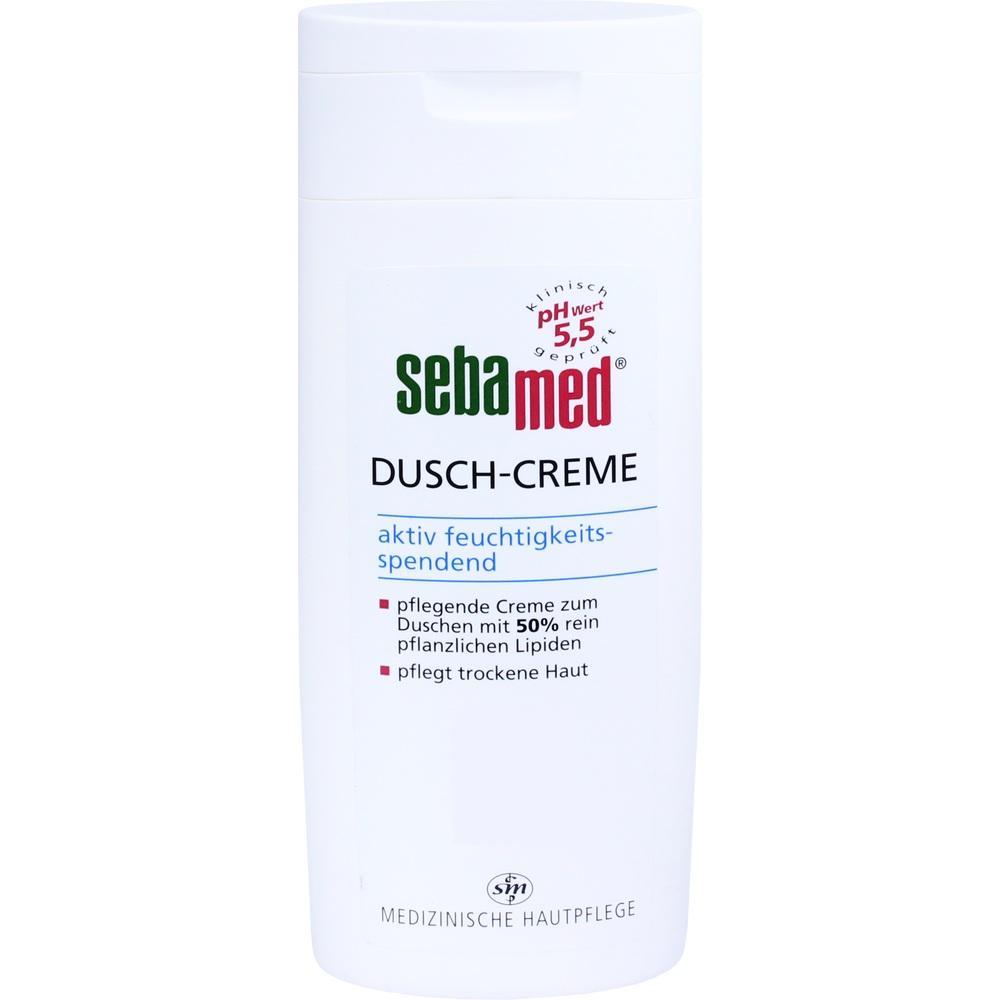 Weiße Flasche mit Sebamed Dusch-Creme für feuchtigkeitsspendende Hautpflege.