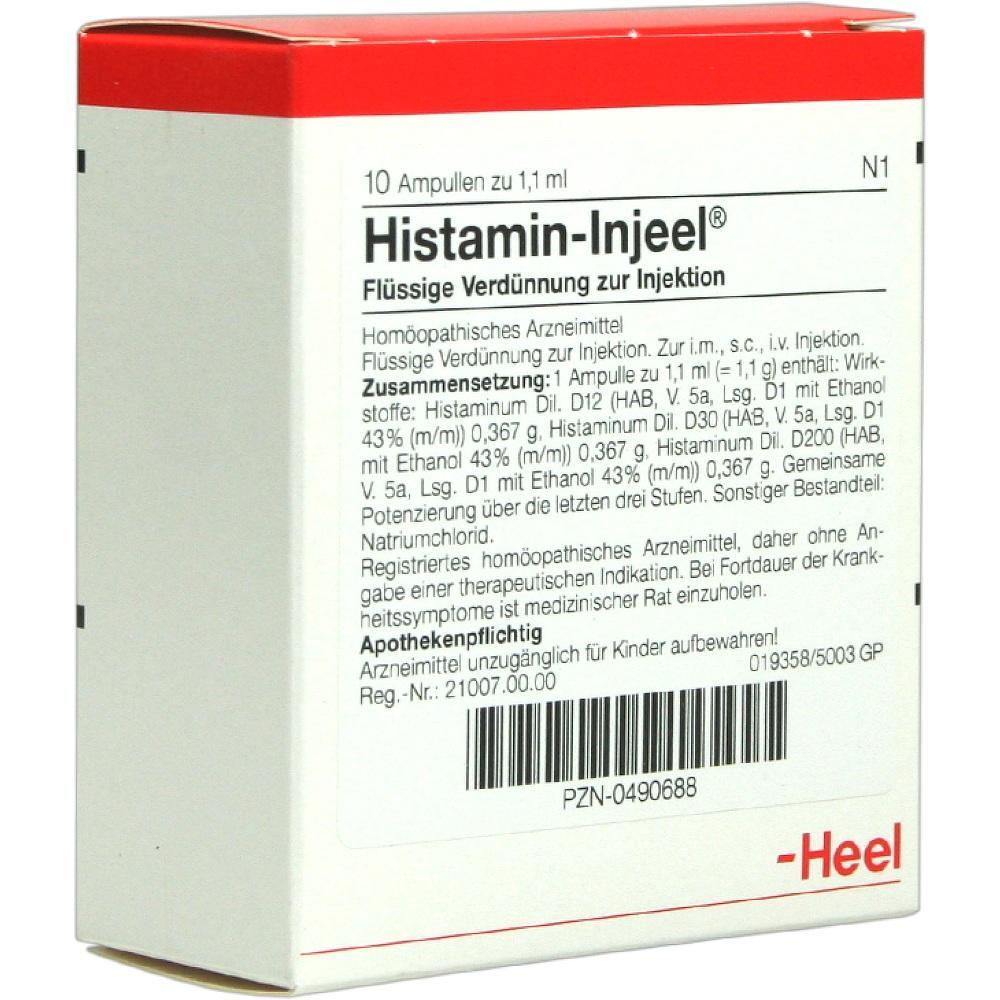 Weiße Verpackung von "Histamin-Injeel", einem homöopathischen Mittel zur Injektion, mit rotem Deckel.