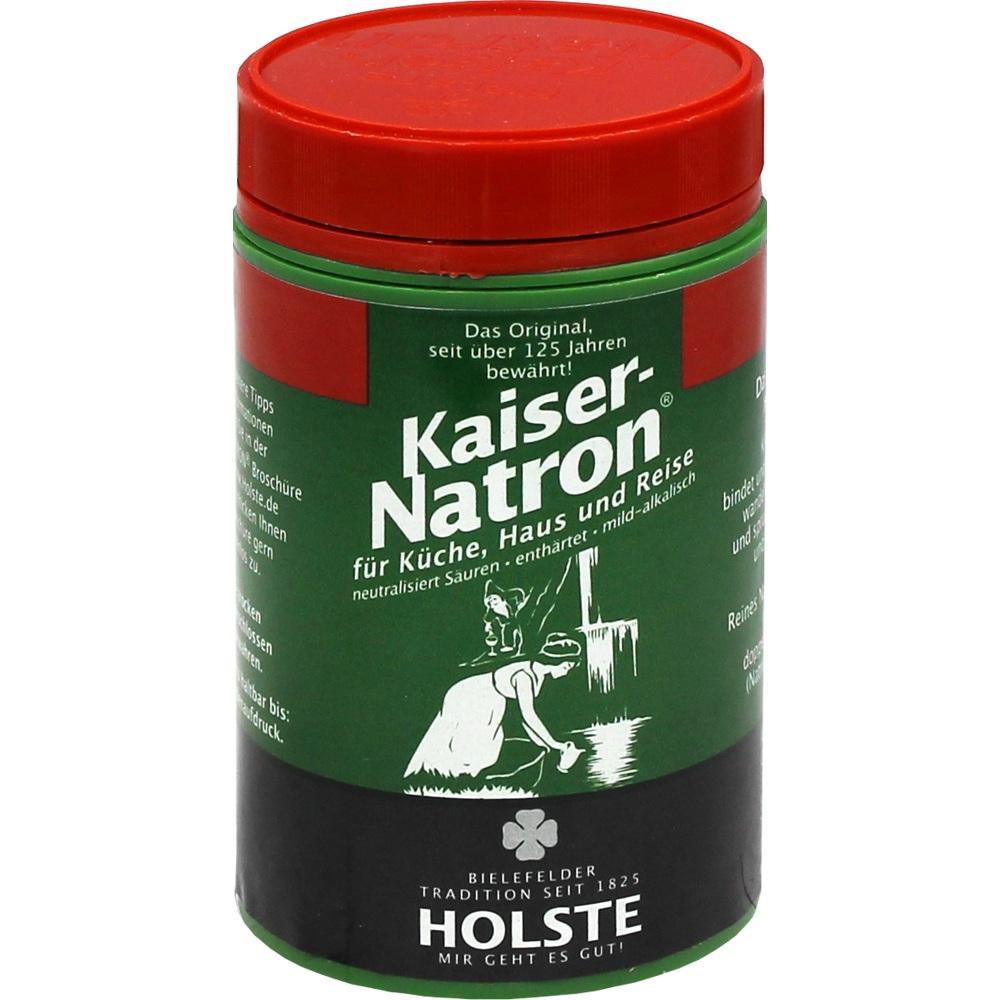 Grüne Dose Kaiser-Natron für Küche, Haus und Reise mit rotem Deckel.