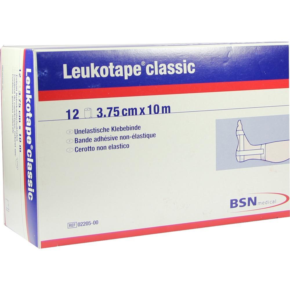 Kartonverpackung mit der Aufschrift "Leukotape classic" und einer Abbildung eines Fußes mit Band.