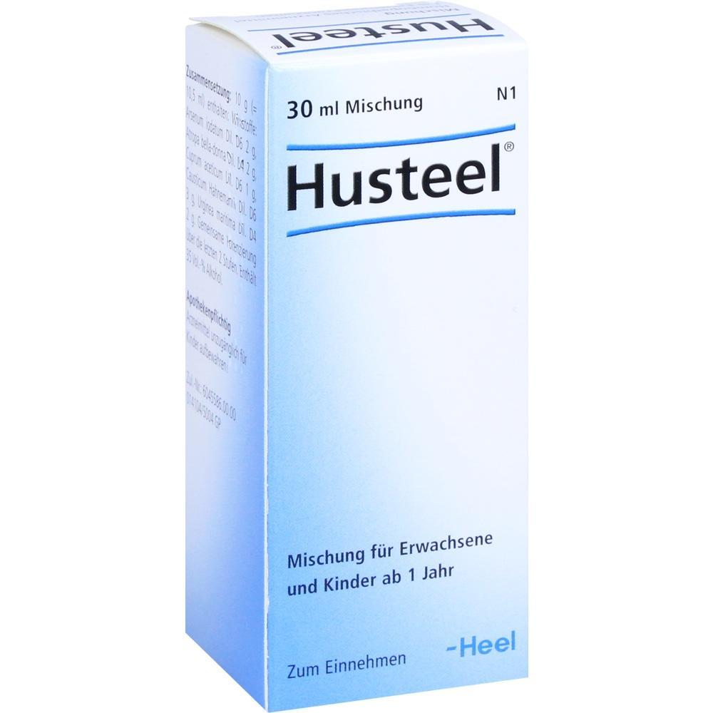 Blaue Medikamentenverpackung mit der Aufschrift "Husteel", geeignet ab 1 Jahr.