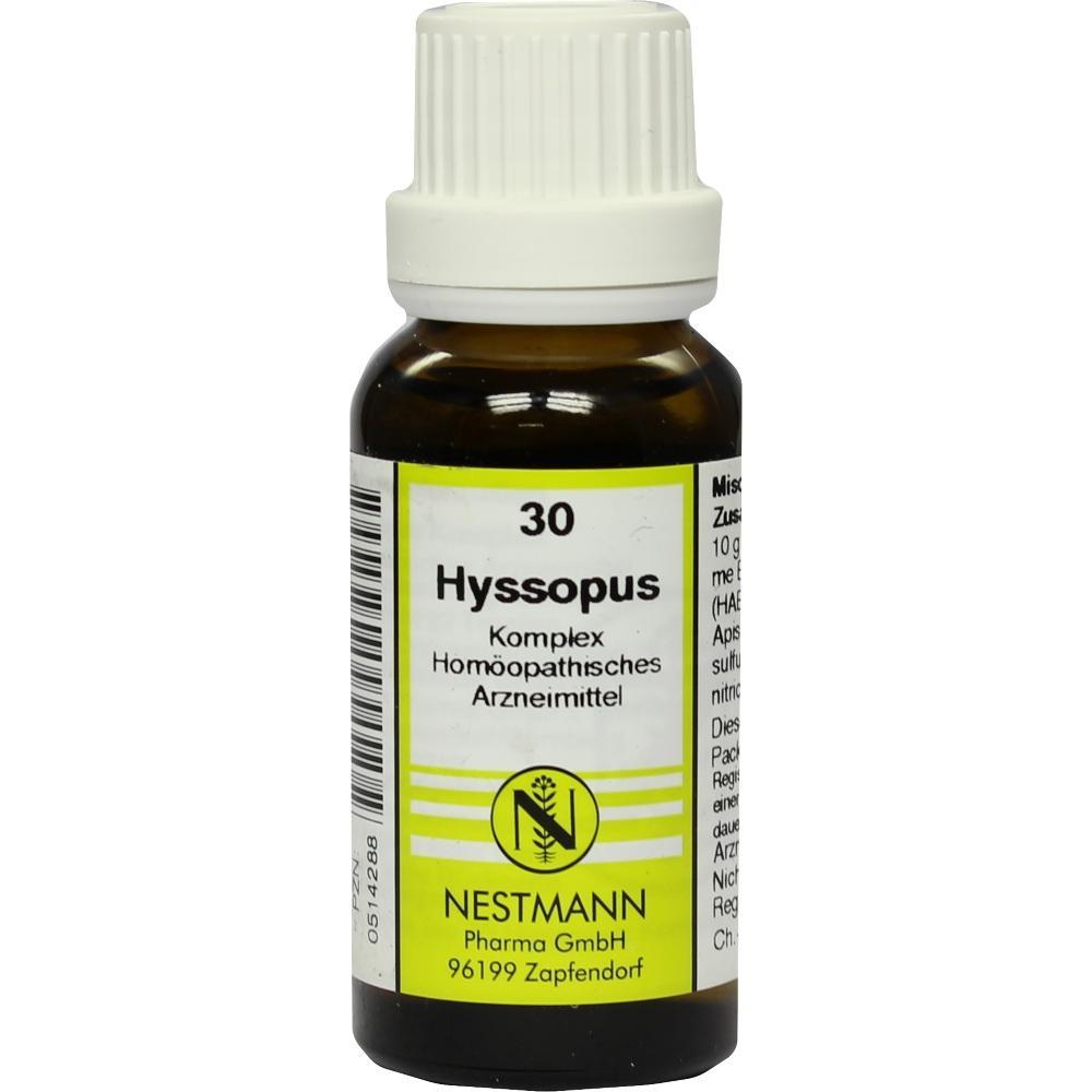 Braune Flasche mit weißem Etikett, darauf steht "Hyssopus" und es ist ein homöopathisches Mittel.