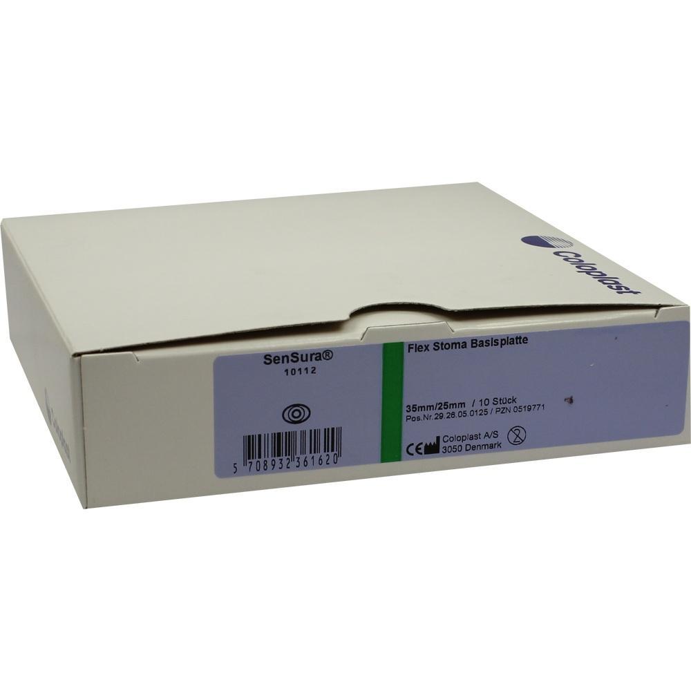 Eine hellbraune Box mit der Aufschrift "SenSura Flex Stoma Basisplatte".