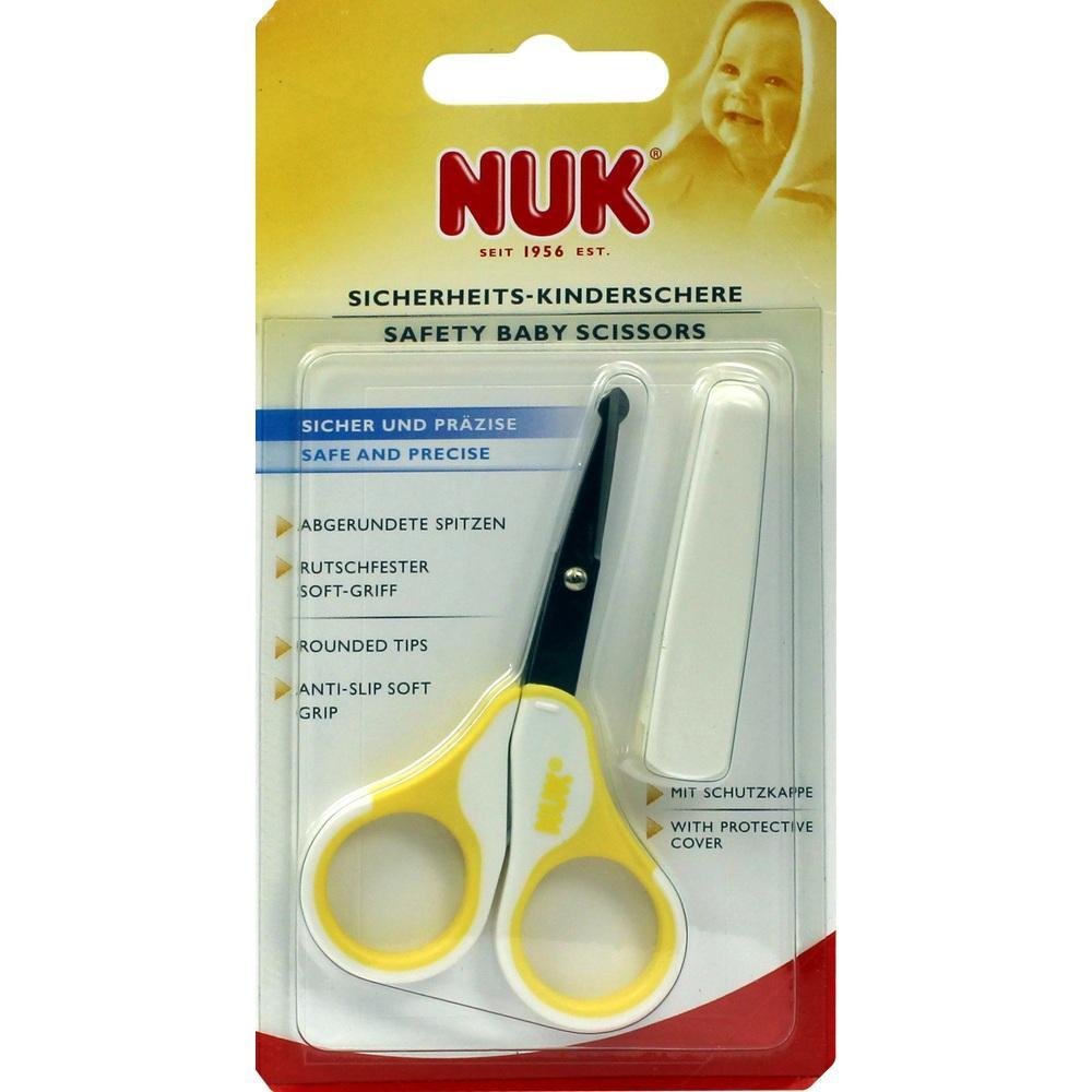 Eine Verpackung mit einer gelben Babyschere und Schutzkappe der Marke NUK.