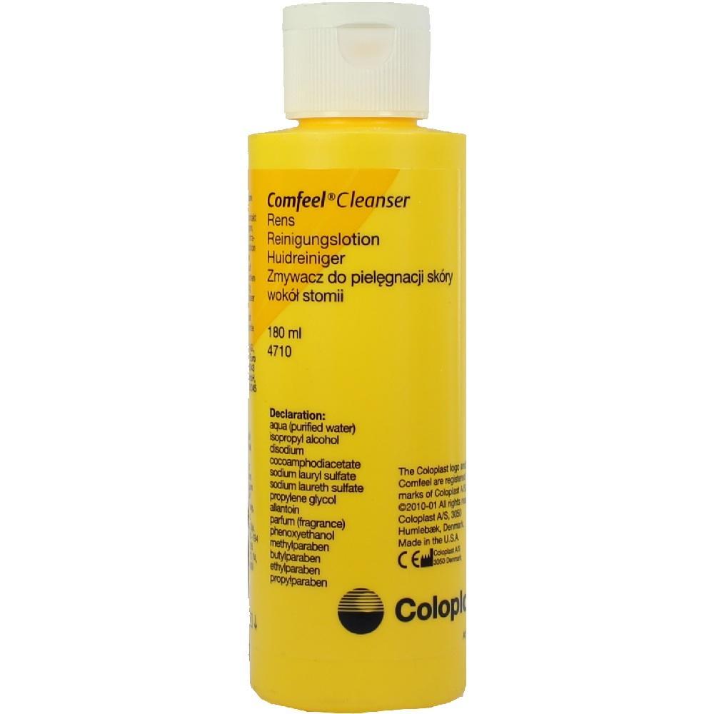 Gelbe Flasche mit Reinigungsflüssigkeit, 180 ml, von Coloplast.