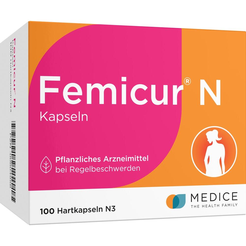 Eine Packung Femicur N Kapseln gegen Regelbeschwerden.