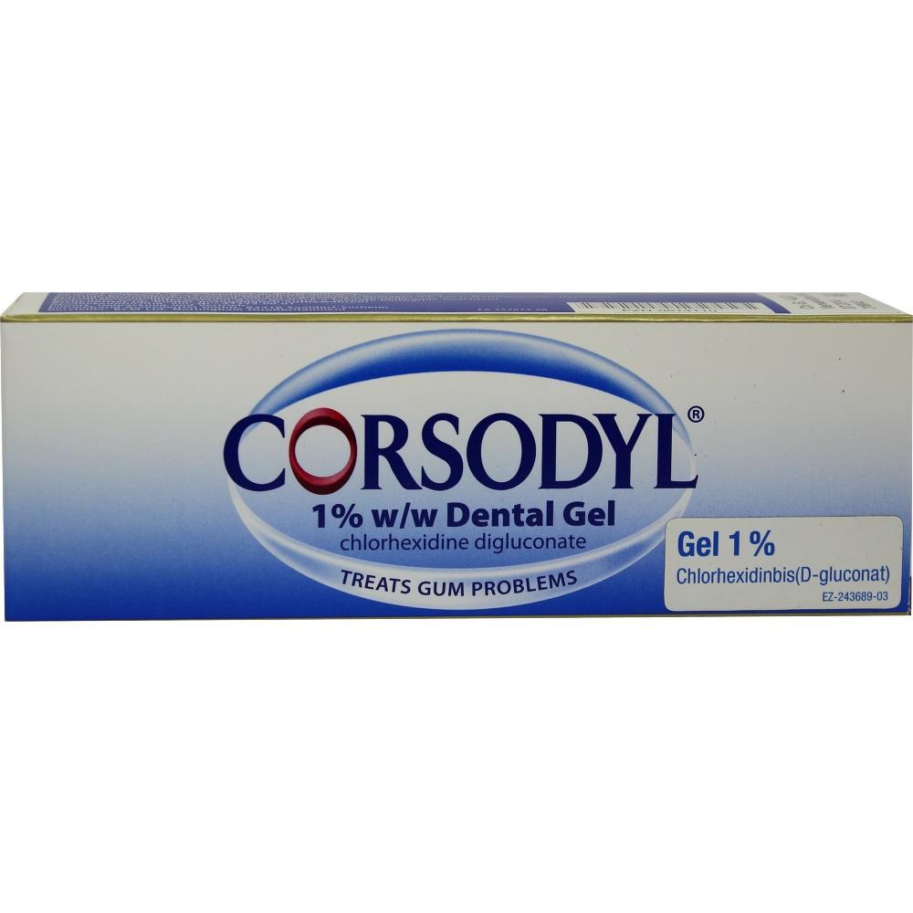 Eine Schachtel Corsodyl Zahngel zur Behandlung von Zahnfleischproblemen.