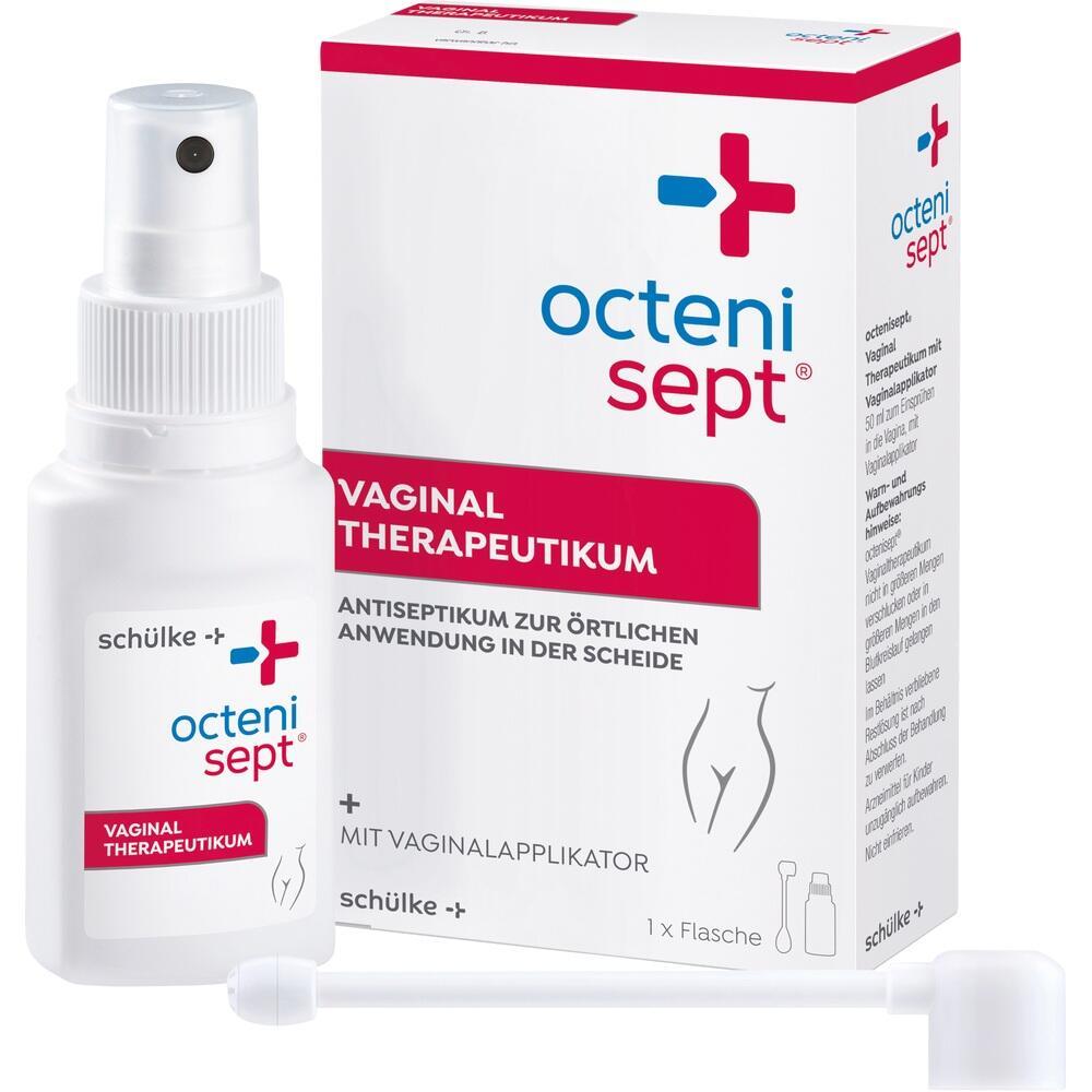 Weißes Spray und Verpackung für vaginale Gesundheitspflege auf einem weißen Hintergrund.