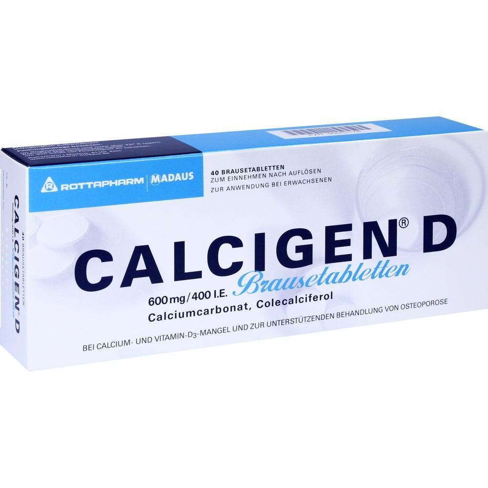 Verpackung von Brausetabletten namens Calcigen D, zur Unterstützung bei Calcium- und Vitamin-D3-Mangel.