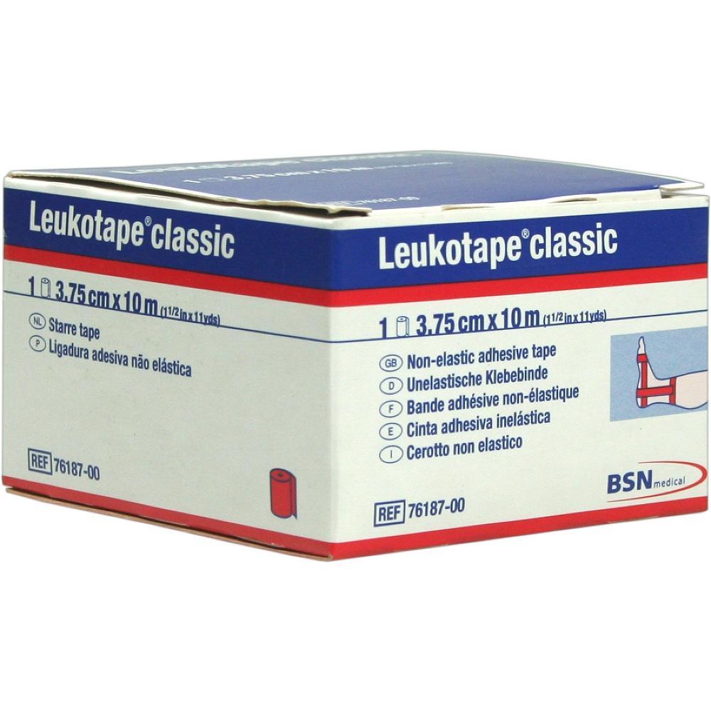 Eine Schachtel mit nicht-elastischem Leukotape-Klebeband in Blau und Weiß.