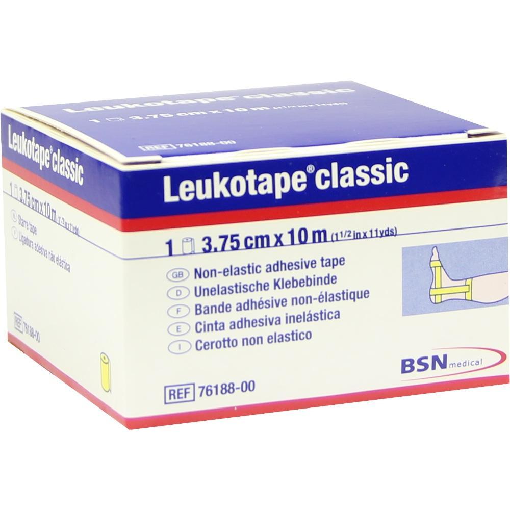 Eine Packung mit einer unelastischen Klebebinde namens Leukotape classic.