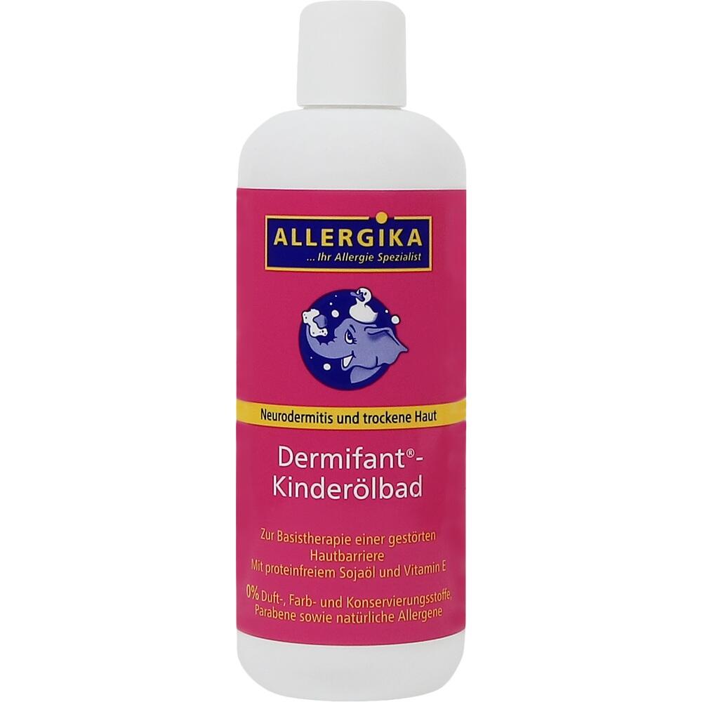 Weiße Flasche mit pinkem Etikett für Kinderölbad gegen trockene Haut.