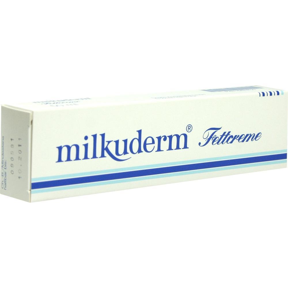 Eine weiße Verpackung mit der Aufschrift "milkuderm Fettcreme".