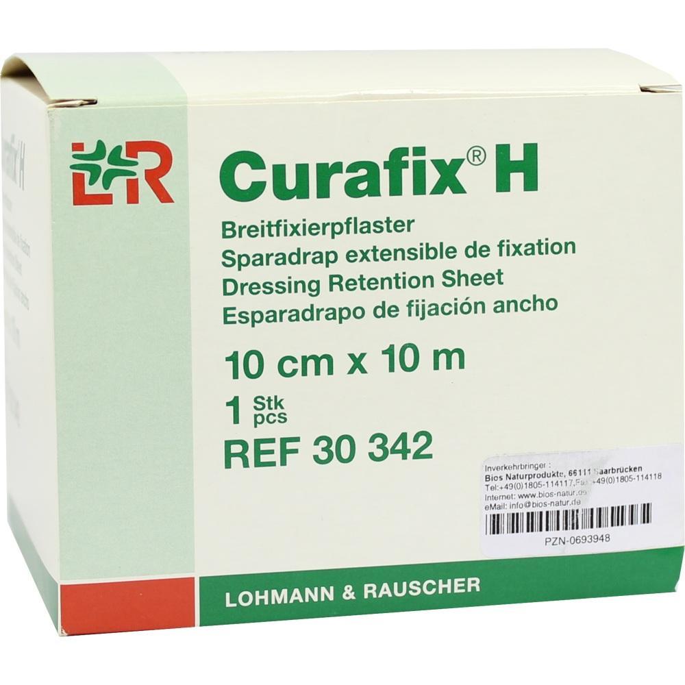 Eine grüne Verpackung mit der Aufschrift "Curafix H" und Informationen zu einem Pflaster.