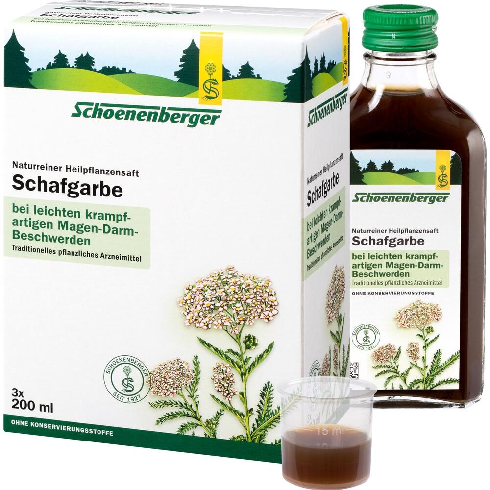 Eine Flasche Kräutersaft mit Schachtel gegen Magen-Darm-Beschwerden.