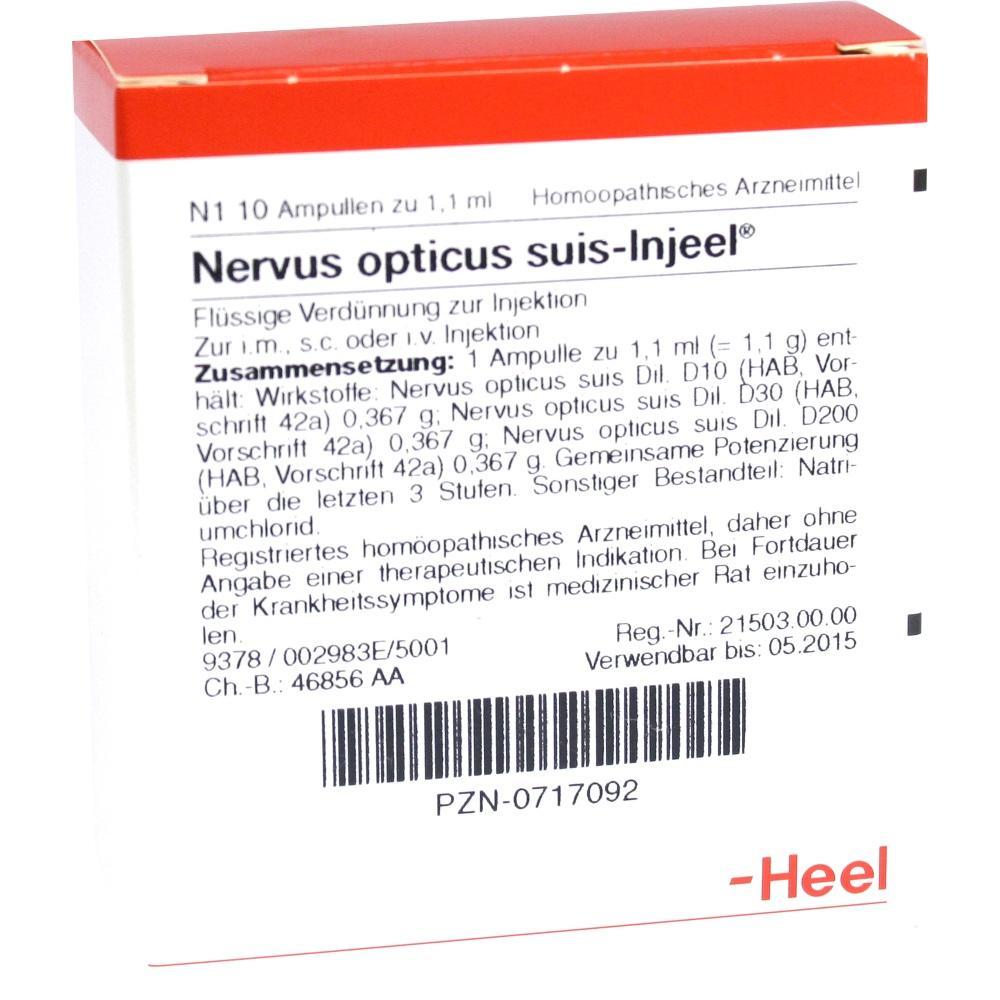 Verpackung eines homöopathischen Arzneimittels namens "Nervus opticus suis-Injeel".