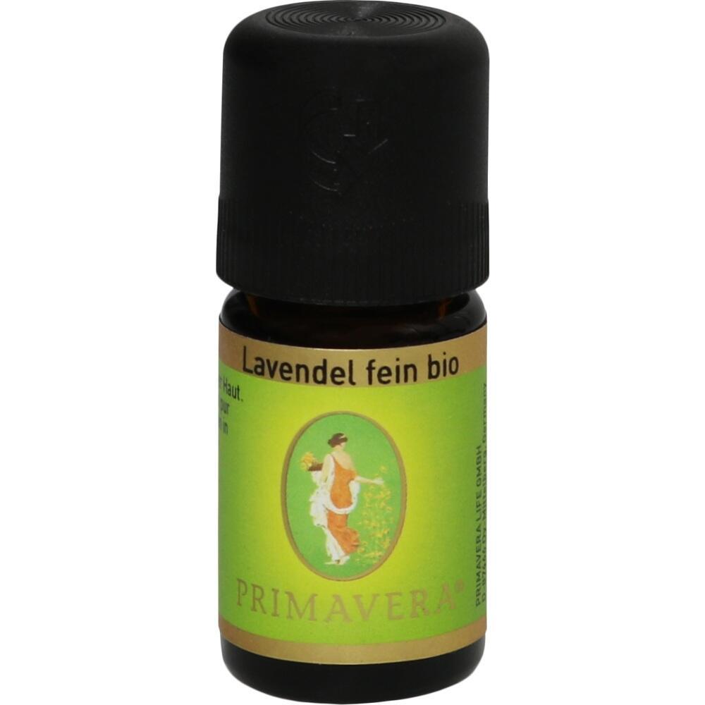 Braunes Fläschchen mit schwarzem Deckel und grünem Etikett, darauf "Lavendel fein bio".