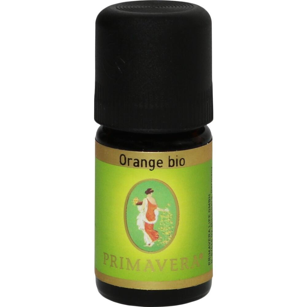 Kleines Fläschchen mit ätherischem Orangenöl und grünem Etikett.