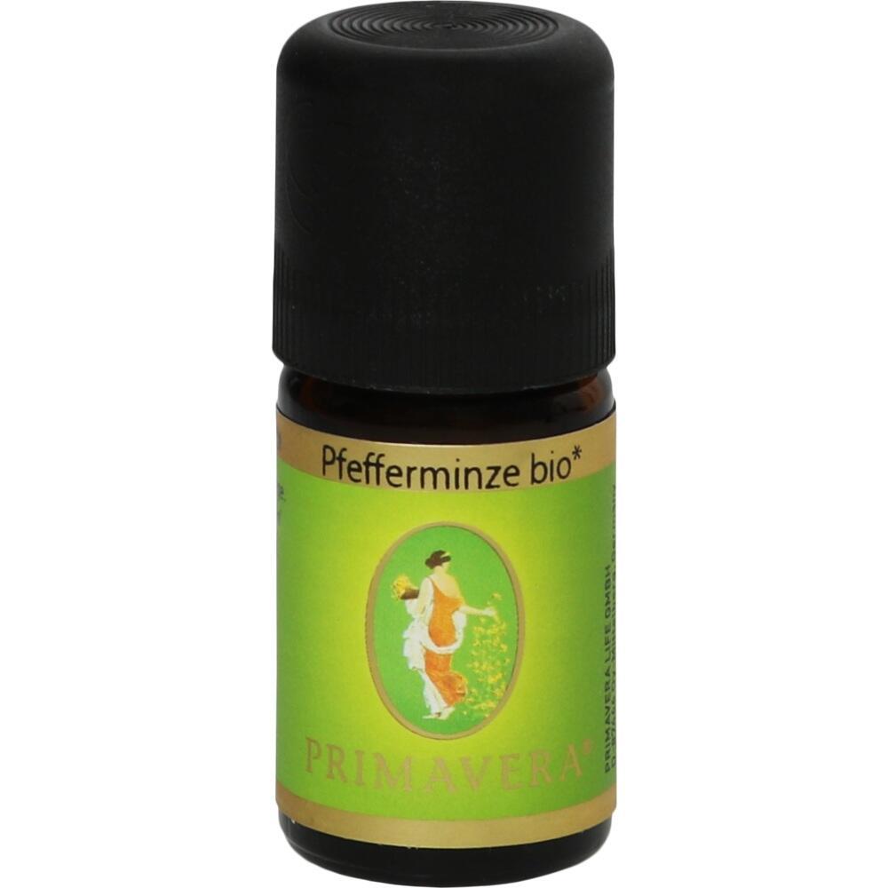 Braunes Fläschchen mit schwarzem Deckel und grünem Etikett mit Text "Pfefferminze bio".