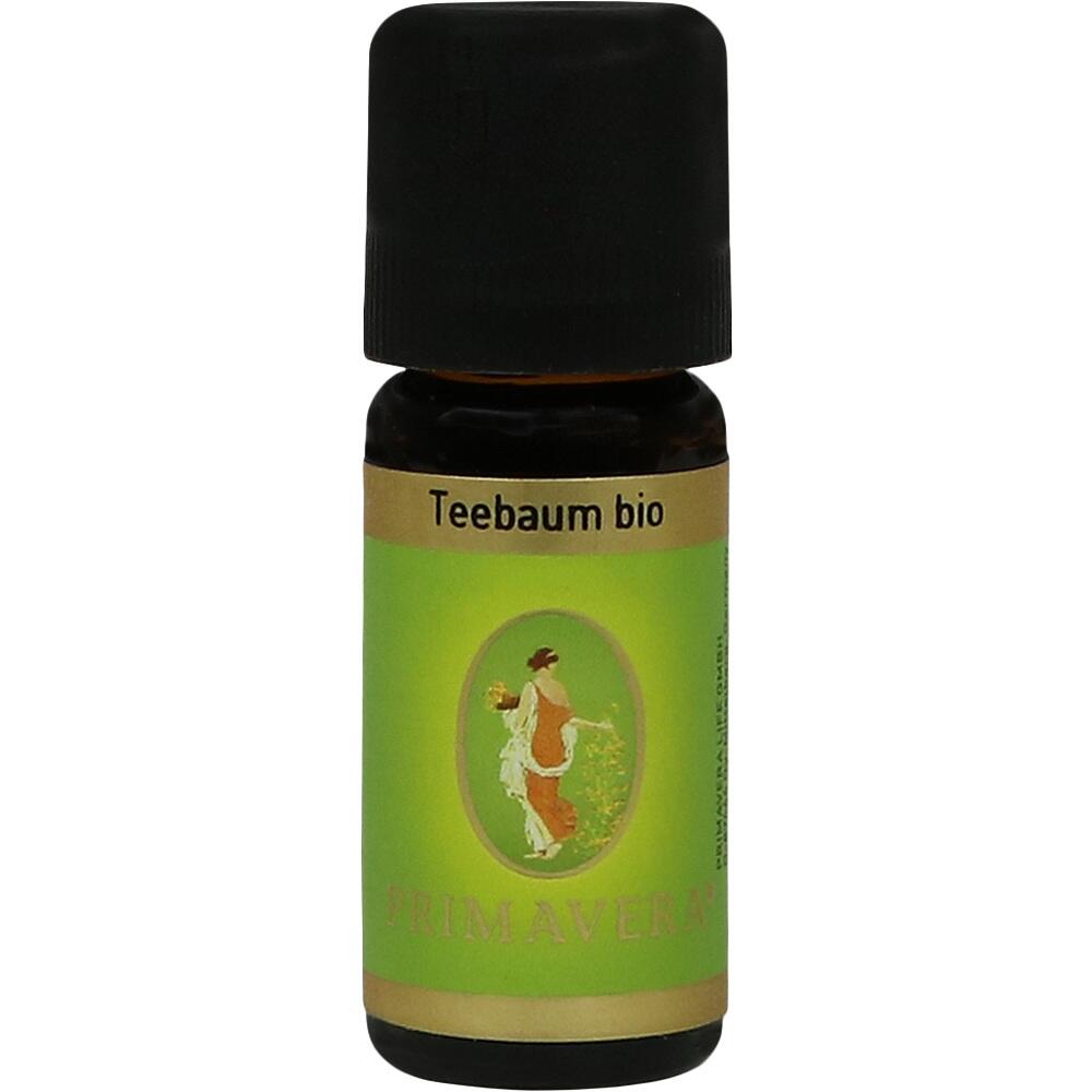 Eine braune Flasche mit schwarzem Deckel und grünem Etikett mit der Aufschrift "Teebaum bio".