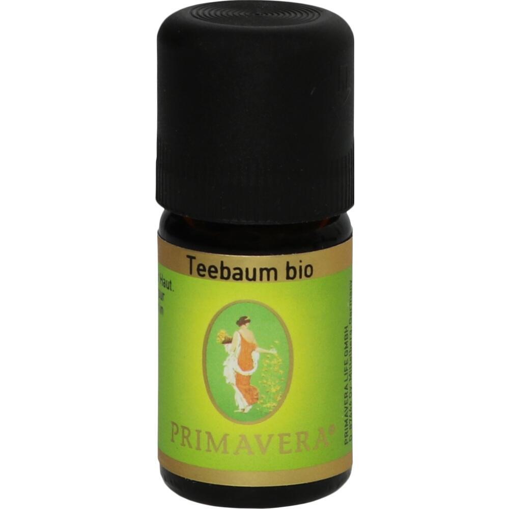 Kleines Fläschchen mit dem Etikett "Teebaum bio" und schwarzem Verschluss.