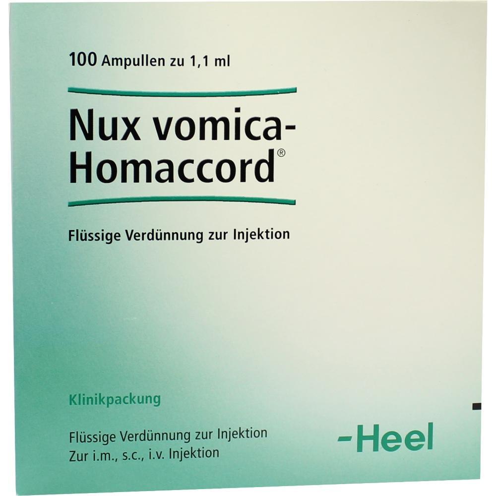 Eine grüne Packung mit der Aufschrift "Nux vomica-Homaccord".