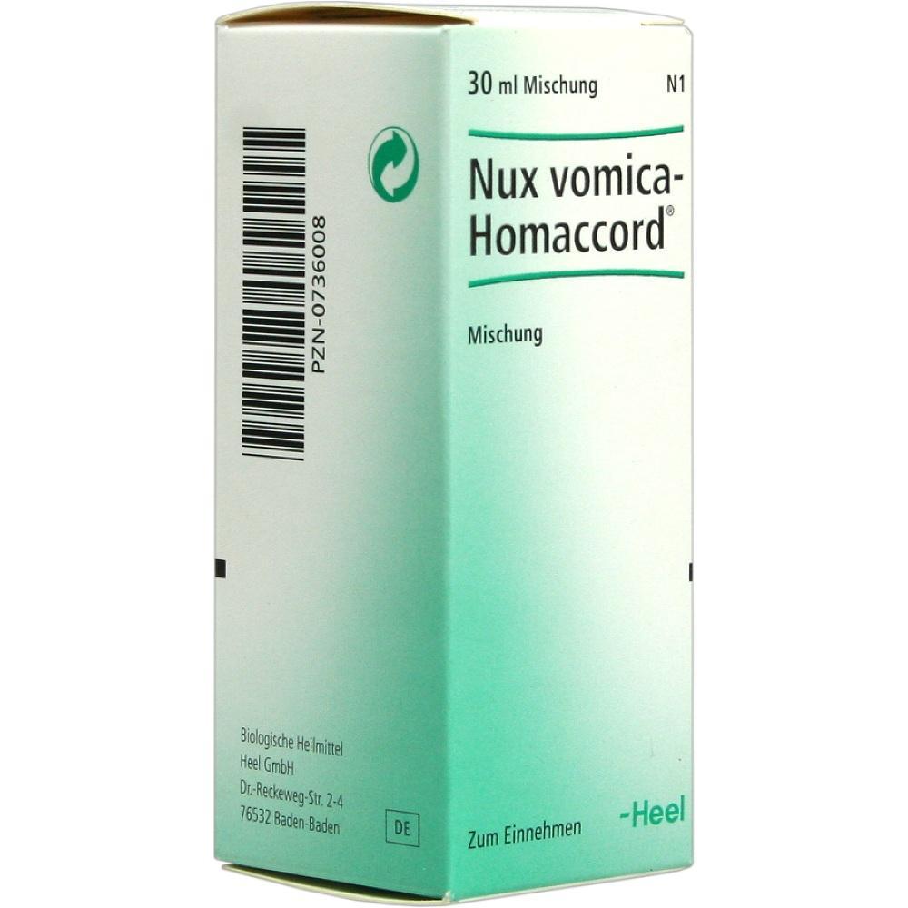 Eine Packung des homöopathischen Mittels "Nux vomica-Homaccord".