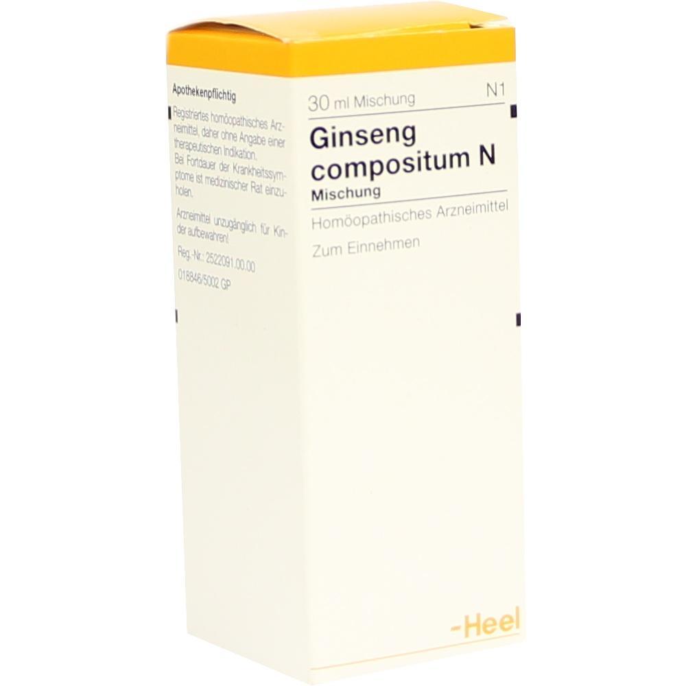 Eine gelbe Packung mit der Aufschrift „Ginseng compositum N“.