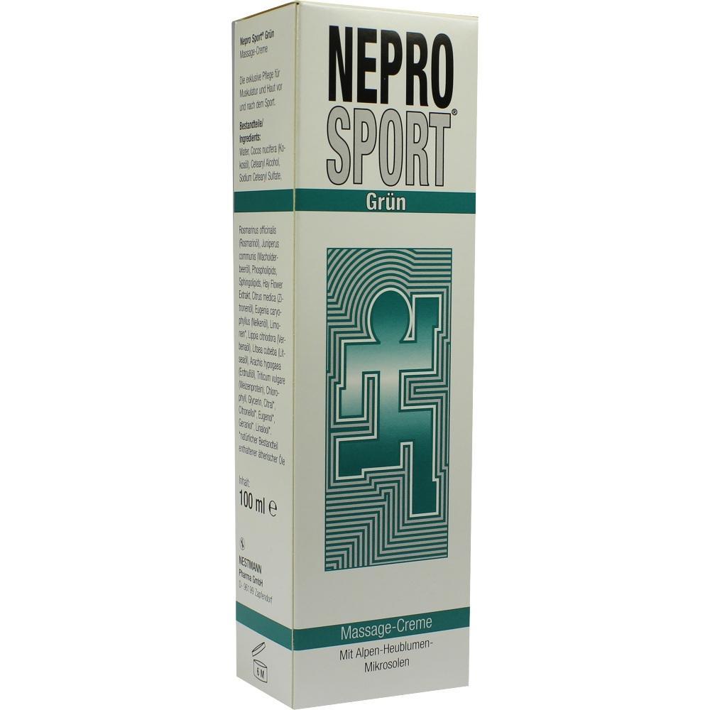 Die Verpackung einer Massage-Creme mit dem Namen "NEPRO SPORT Grün".