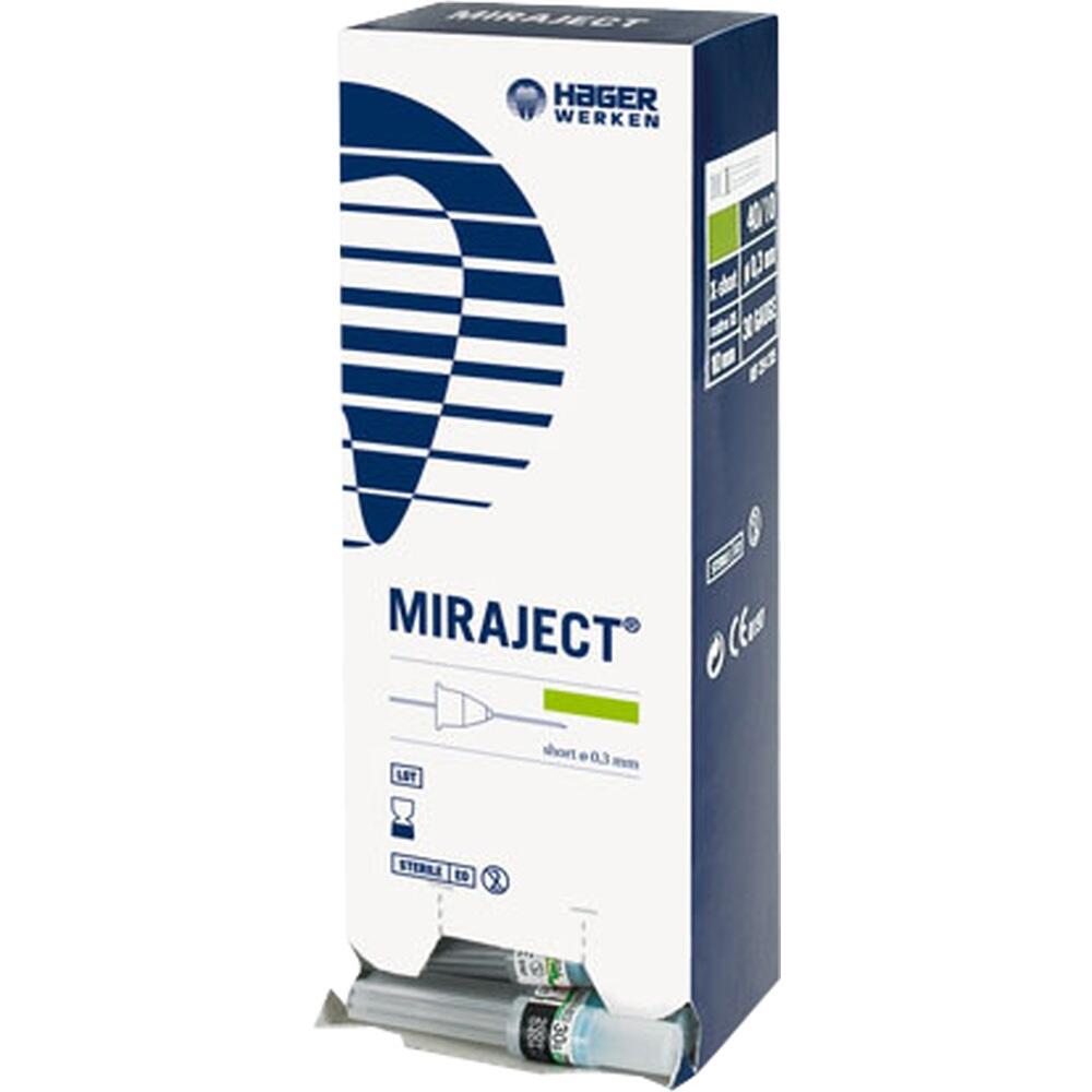 Eine Schachtel mit der Aufschrift "MIRAJECT" enthält medizinische Kanülen.