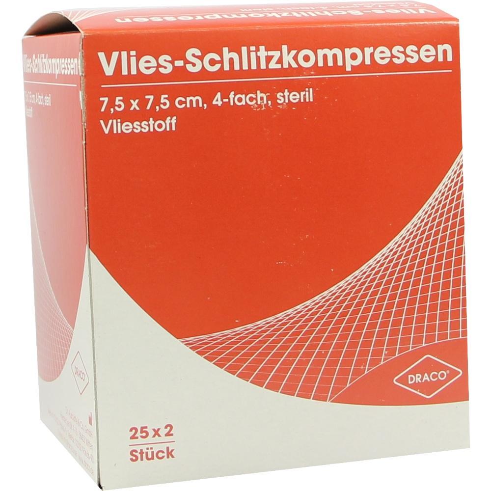 Rote Verpackung mit Vlies-Schlitzkompressen, 25 x 2 Stück, steril.