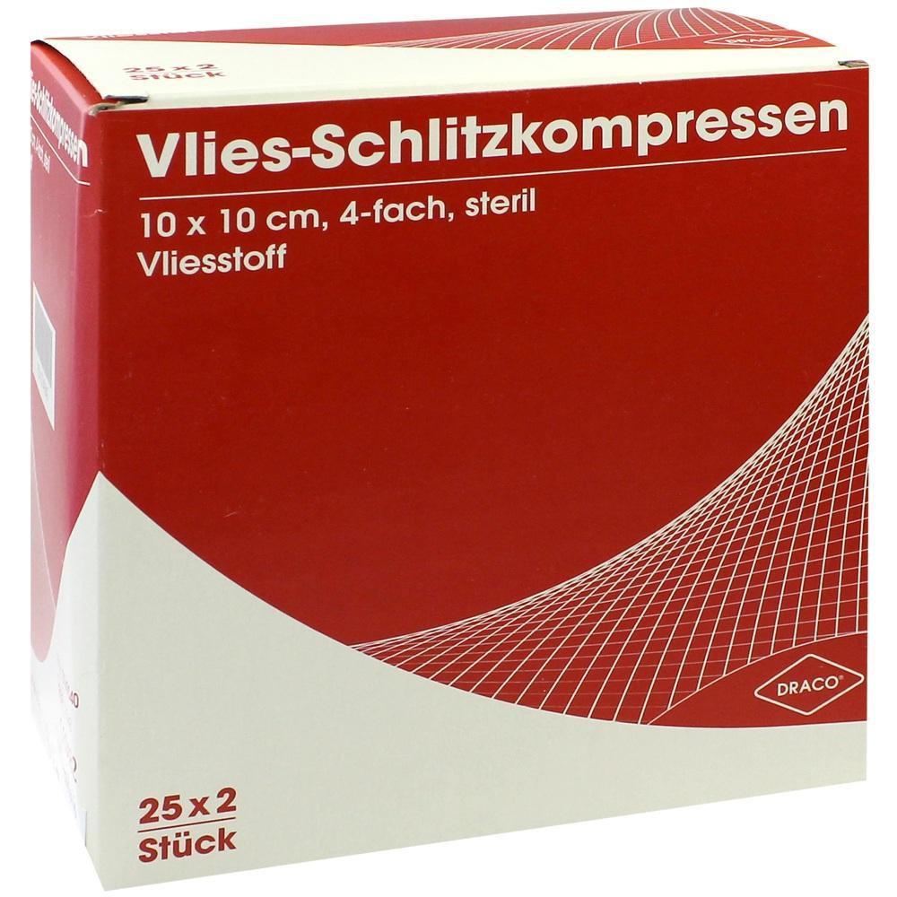 Rote Verpackung von Vlies-Schlitzkompressen, 10x10 cm, steril, 25 x 2 Stück.