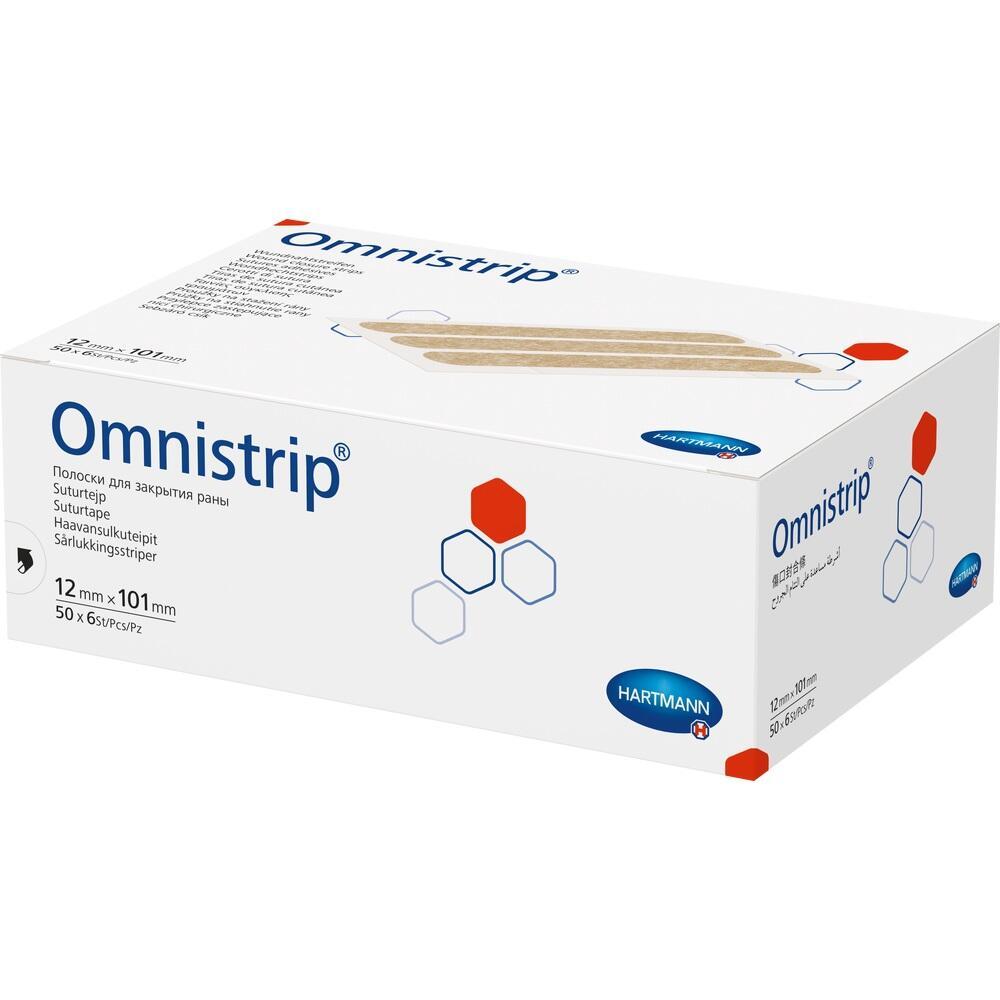 Weiße Schachtel mit der Aufschrift "Omnistrip" und medizinischen Streifen darauf.