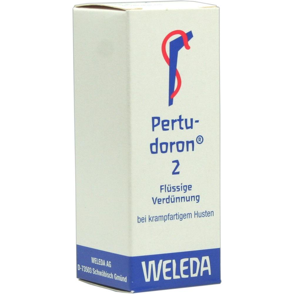 Eine wei&szlig;e Packung von Pertudoron 2, einem Mittel gegen krampfartigen Husten.