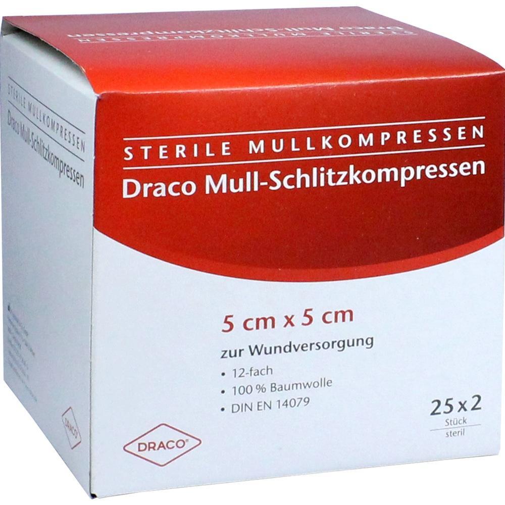 Packung mit sterilen Mullkompressen zur Wundversorgung, Größe 5 cm x 5 cm.